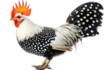 Silver penciled hamburg rooster with distinctive crest isolated on transparent background. White rooster isolated white background.