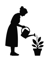 Elegant silhouette vector illustration of a woman watering a potted plant scalable eps graphic silhouette vector illustration white background