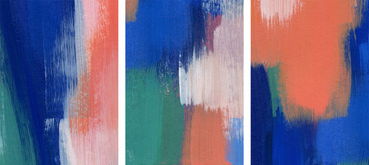 Three minimalist artist-made paintings. Contemporary abstract art. Versatile artistic image for creative design projects: posters, banners, websites, covers, cards, prints and wallpapers.