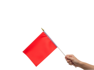 Hand holding a red flag isolated on transparent background