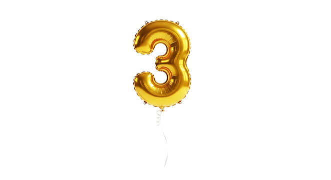 Golden number three balloon floats against a isolated background, exhibiting a glossy surface and slender string.