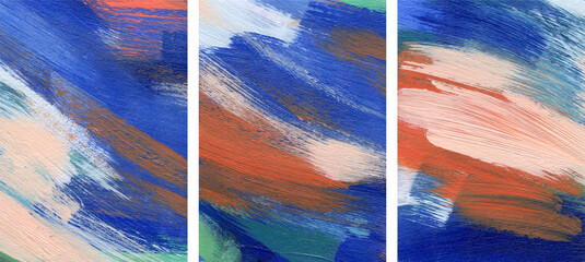 Three minimalist artist-made paintings. Contemporary abstract art. Versatile artistic image for creative design projects: posters, banners, websites, covers, cards, magazines, prints, wallpapers.