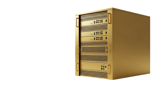Golden server rack stands in the center, featuring multiple layers and ventilation, against a background.
