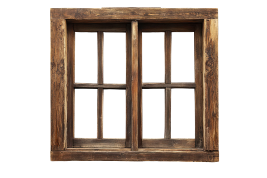 Old wooden window with bars isolated on transparent background. Wooden window frame isolated on white background.