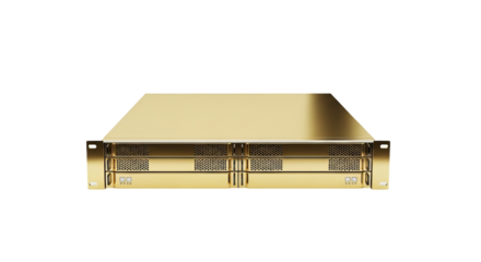 Golden server sits in the center of a background with vent panels and rectangular detail.