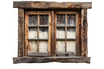 Rustic old wooden window with curtains isolated on transparent background. Wooden window frame isolated on white background.