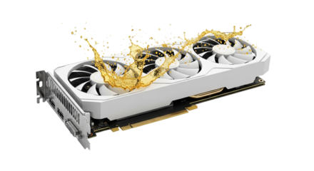 graphics card has liquid being poured over the fan blades, which are shown in great detail.