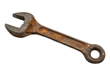 Antique rusty metal wrench isolated on transparent background. Worn spanner tool on a white background.