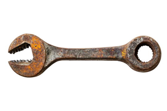 Antique rusty metal wrench isolated on transparent background. Worn spanner tool on a white background.