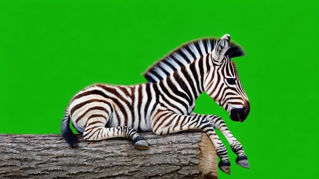 Zebra foal resting on a log with a vibrant green background in a studio setting for a wildlife shoot green screen animal video