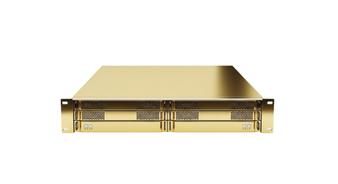 Golden server sits in the center of a background with vent panels and rectangular detail.