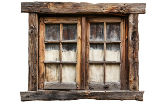 Rustic old wooden window with curtains isolated on transparent background. Wooden window frame isolated on white background.