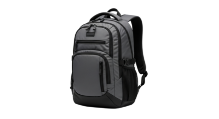 Gray backpack features multiple compartments and zippers with trim details in a studio setting.