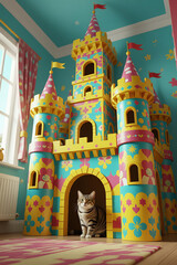 a towering castle made of brightly decorated cardboard with a tabby cat inside the walls, in a vibrant toy room viewed from a low-angle perspective to emphasize its grandeur