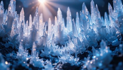 Brilliant Sunlit Formation of Sharp Blue Futuristic Ice Crystals