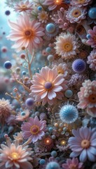 Intricate Micro-Floral Bouquet with Spherical Glowing Elements