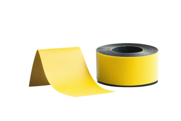 Yellow adhesive tape roll and a folded piece isolated on transparent background. Yellow sticky note with duct tape isolated on white background.