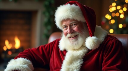 Generative AI image of portrait of smiling senior man in Santa Claus hat with long white beard looking at camera against dark background.