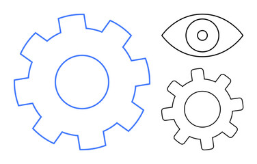 Large and small gears alongside an eye shape suggesting vision, observation, mechanics, and system functionality. Ideal for innovation, process design, teamwork, engineering, strategy analysis