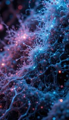 Luminous Microscopic Growth with Blue and Pink Cellular Tendrils