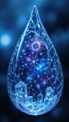 Brilliant Water Droplet Encasing an Abstract Crystal Metropolis Core