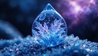 Pristine Water Droplet Containing a Brilliant Blue Crystal Bloom