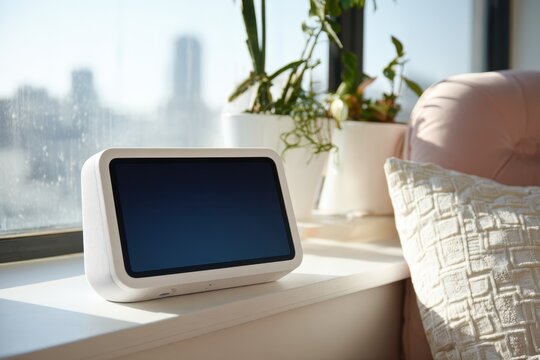 Sleek White Amazon Echo Show 8 Displaying in a Modern Living Room, Perfect for Smart Home Integration and Voice Assistant Features