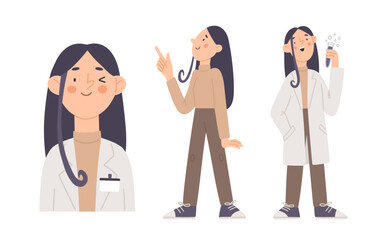 Young woman scientist in white robe with test tube. Portrait of winking doctor. Vector illustration in cartoon flat style. 