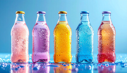 Colorful soda bottles chilled with condensation, standing on wet reflective surface. Summer beverage