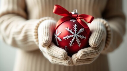 Hand with gloves holding a christmas ornament.