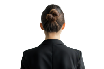 Woman in black blazer with elegant updo hair isolated on transparent background. Back View Business Woman with bun isolated on white background.