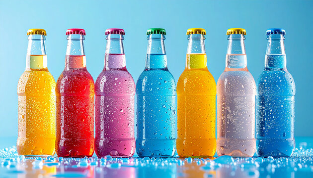 Colorful soda bottles chilled with condensation, standing on wet reflective surface. Summer beverage