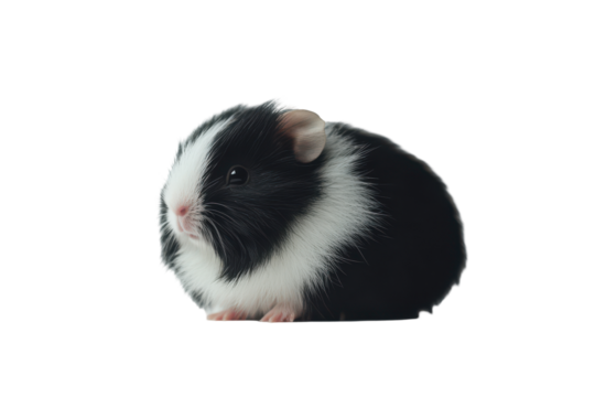 Cute black and white guinea pig isolated on transparent background. Cute guinea pig posing white background.