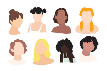 Elegant Women and Girls Busts Contact Sheet – Soft Diverse Skin Tones, Gentle Makeup Illustration Vector