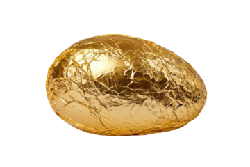 Shiny golden egg with textured surface isolated on transparent background. Luxurious chocolate egg wrapped in shimmering gold foil against a white background.