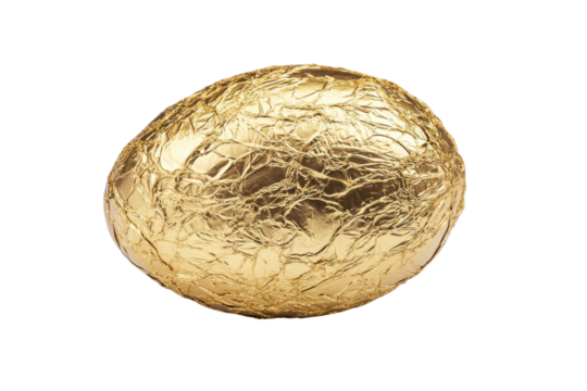 Shiny golden egg with textured surface isolated on transparent background. Luxurious chocolate egg wrapped in shimmering gold foil against a white background.