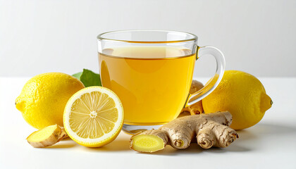 Cup of ginger lemon tea on clean white surface, fresh lemon, ginger pieces, natural wellness drink
