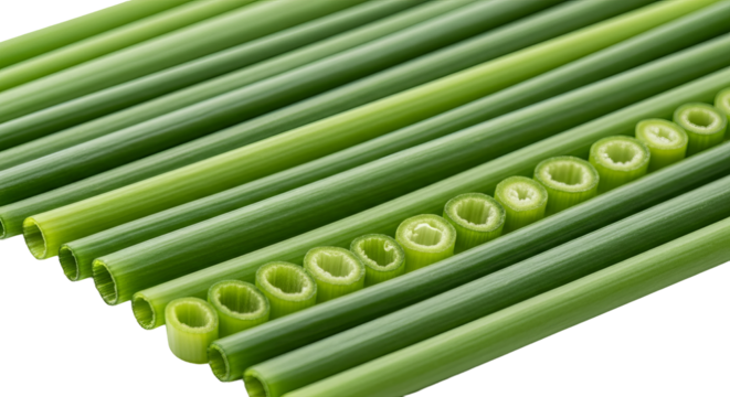 Green onions are arranged in parallel, with some sliced to reveal hollow centers.