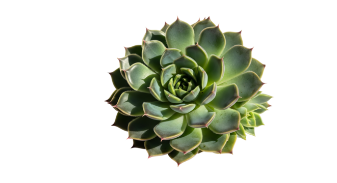 Green succulent plant shows symmetrical leaf arrangement against solid background.