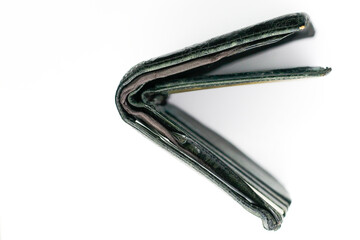 close up of used leather wallet isolated on white background