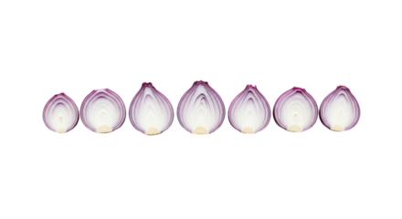 Halved red onions are arranged in a horizontal row on a background. - high quality Halved red onions are arranged in a horizontal row on a background.