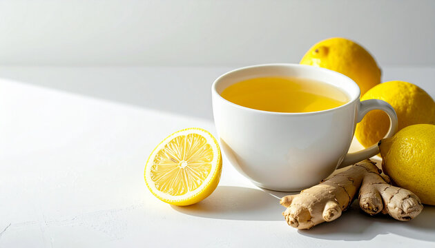 Cup of ginger lemon tea on clean white surface, fresh lemon, ginger pieces, natural wellness drink