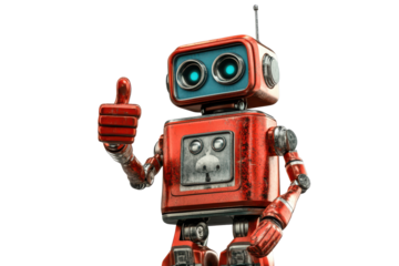 Cute robot character giving a thumbs up gesture isolated on transparent background. Robot giving a thumbs up isolated on white background.