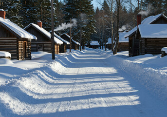 Winter morning on a snowy rural street lined with log cabins, sunlight casting long shadows and smoke rising from chimneys