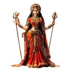 Fototapeta premium A life-size statue of Hindu Goddess Durga seated on a lion on transparent png background. Ai generated