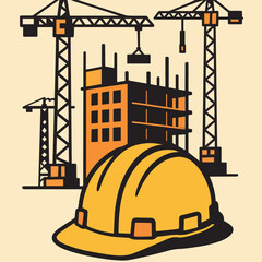 Construction. Brochure, poster, leaflet. Construction cranes, construction helmet.
