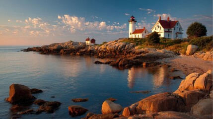 Stunning View of Eastern Point Lighthouse at Dusk, Cape Ann Coastline, Massachusetts: An Iconic Coastal Landmark