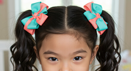 Naklejka premium young girl with pigtails and colorful turquoise and coral bows sitting indoors, smiling playfully in soft natural lighting