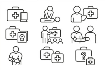 Set of black and white line icons for first aid and medical assistance