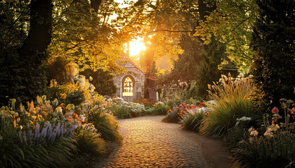 Fototapeta premium Sunlight filters through lush green trees over cobblestone path surrounded by colorful flowers and plants, creating warm, magical garden atmosphere at golden hour